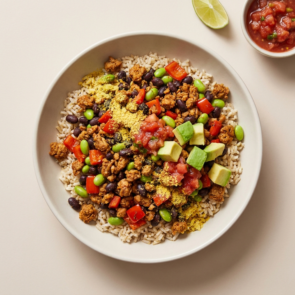 High-Protein TVP and Black Bean Taco Bowl, prepared as a finished Lila recipe
