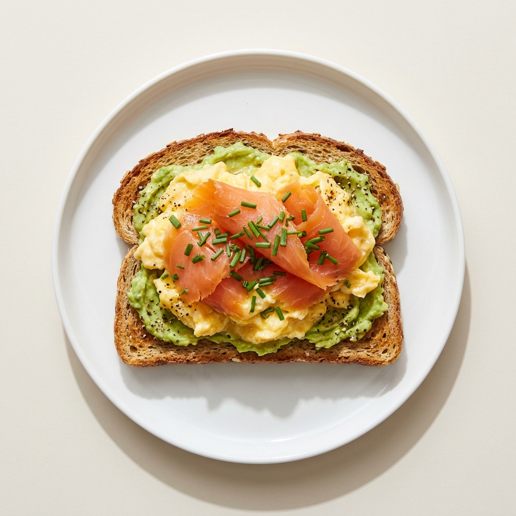 Smoked Salmon and Avocado Scrambled Eggs, prepared as a finished Lila recipe