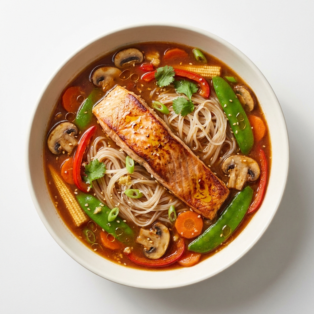 Gochujang Miso Salmon Noodle Soup, prepared as a finished Lila recipe