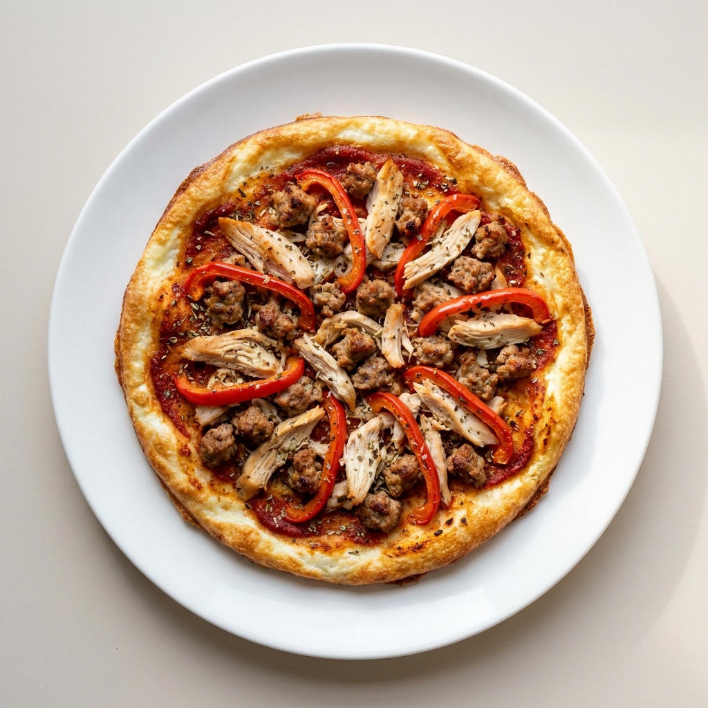 Crispy Chicken and Turkey Sausage Pizza, prepared as a finished Lila recipe