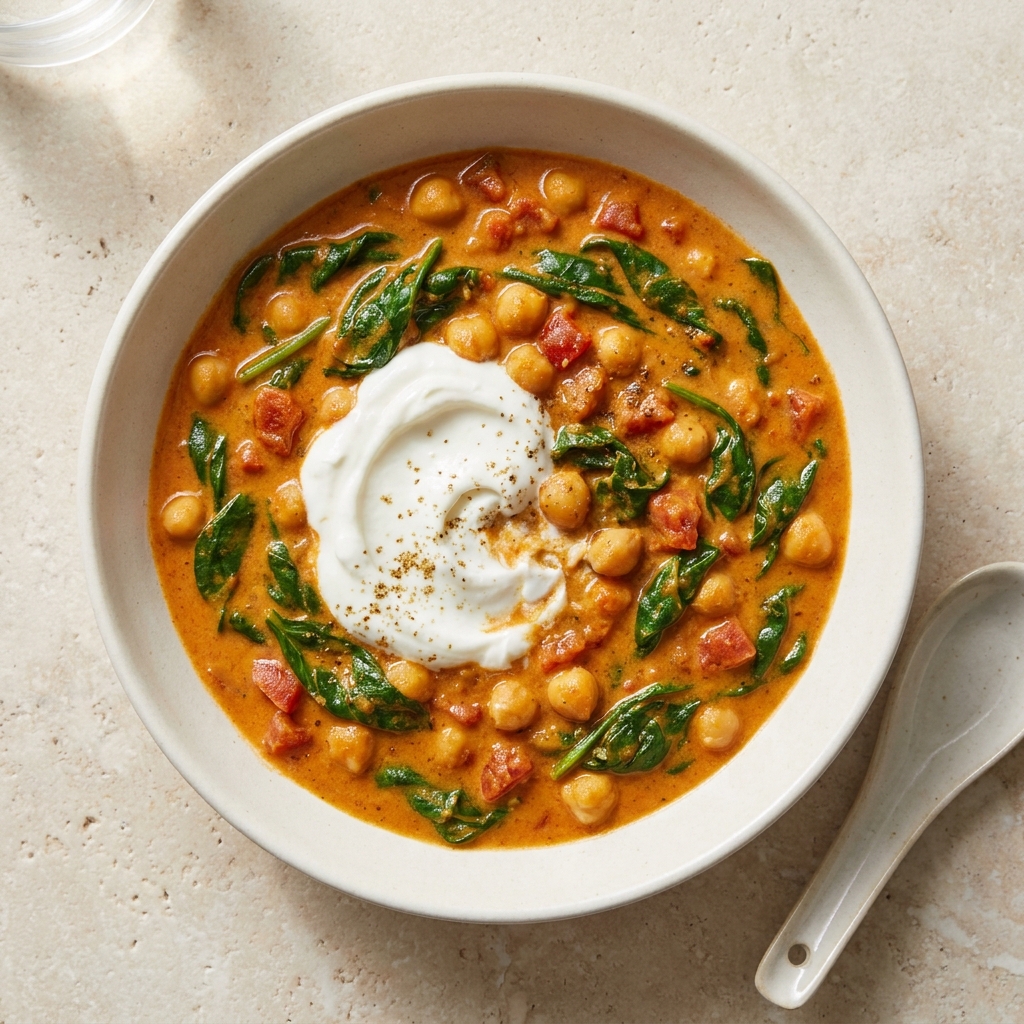 Garlic-Free Coconut Chickpea and Spinach Curry, prepared as a finished Lila recipe
