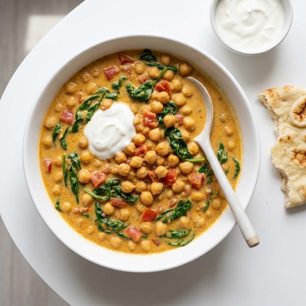 Aromatic Coconut Chickpea and Spinach Curry, prepared as a finished Lila recipe