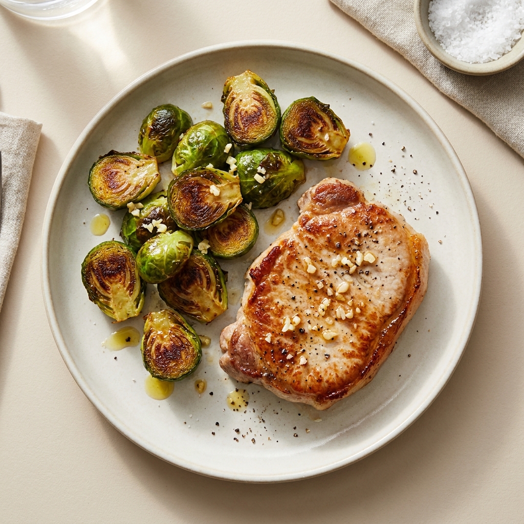 Pan-Seared Pork Chop with Brussels Sprouts, prepared as a finished Lila recipe