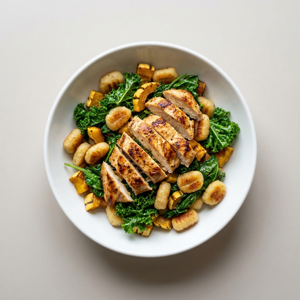Pan-Seared Chicken & Almond Flour Gnocchi with Greens, prepared as a finished Lila recipe