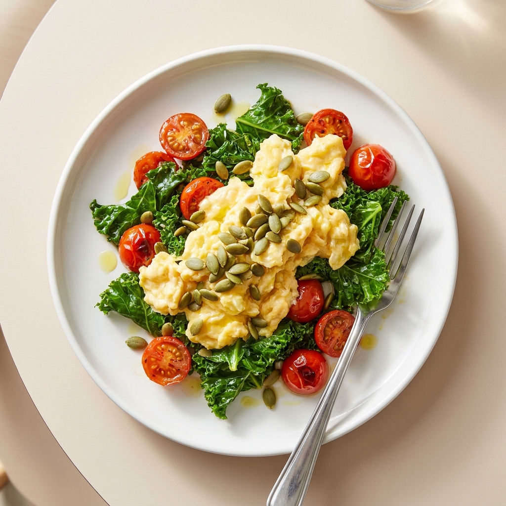 Warm Mediterranean Kale and Egg Scramble, prepared as a finished Lila recipe