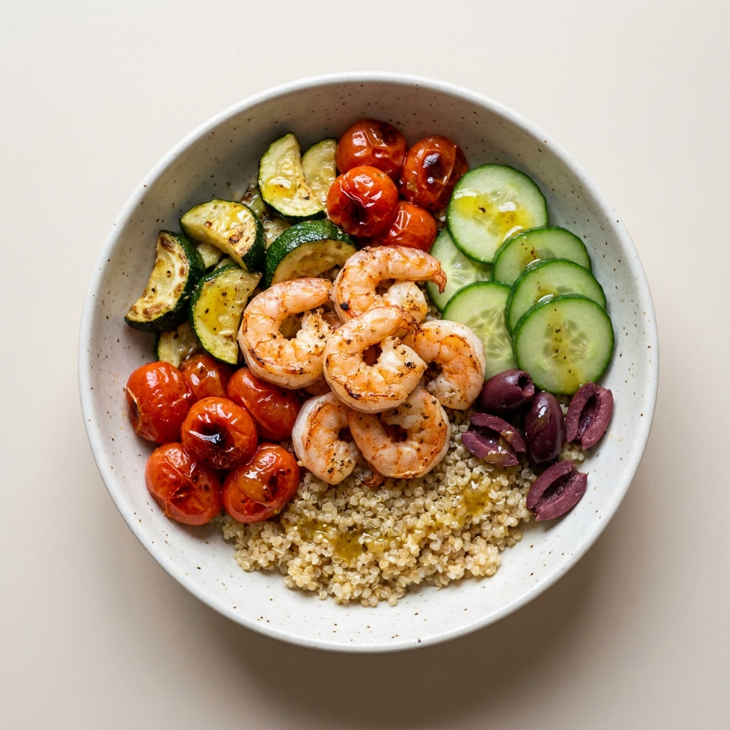 Warm Mediterranean Shrimp and Quinoa Bowl, prepared as a finished Lila recipe
