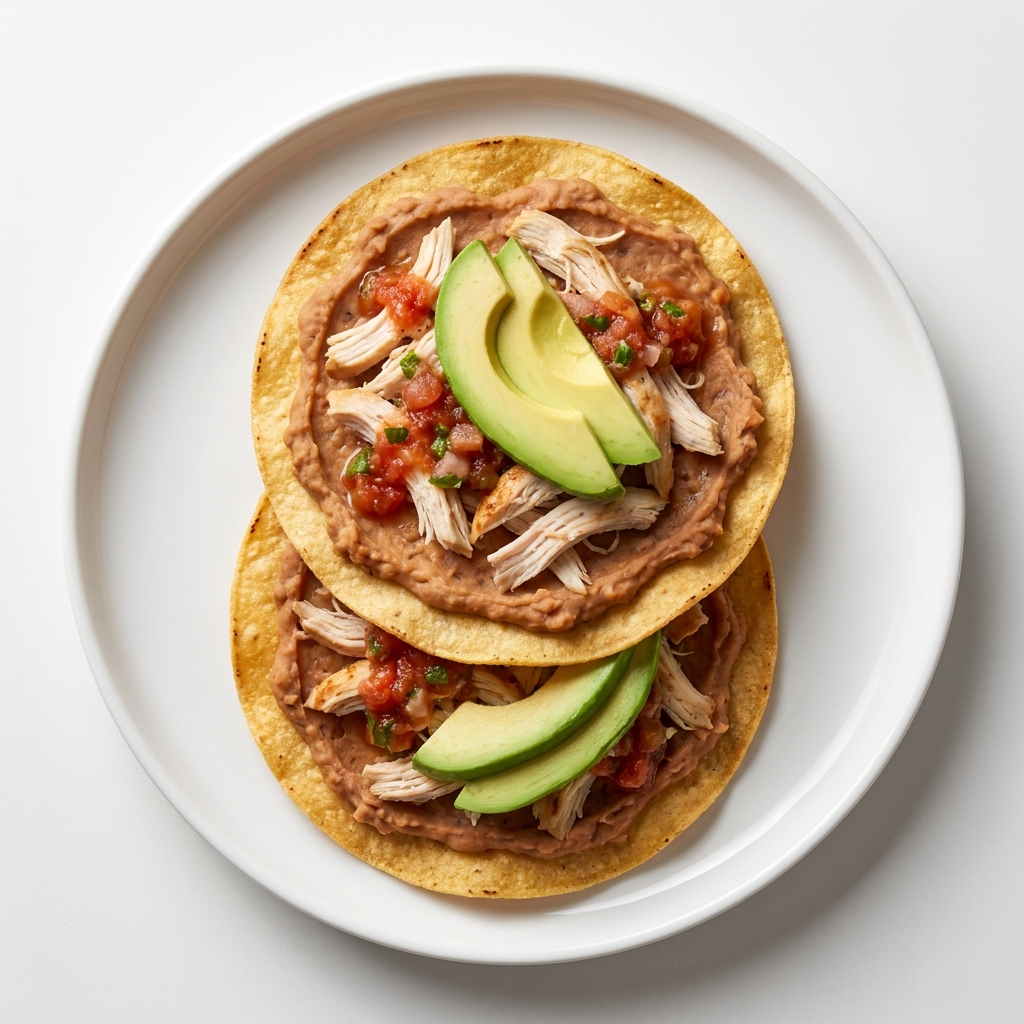 Crispy Chicken and Refried Bean Tostadas, prepared as a finished Lila recipe