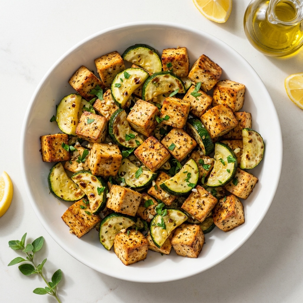 Lemon Herb Baked Tofu with Roasted Zucchini, prepared as a finished Lila recipe