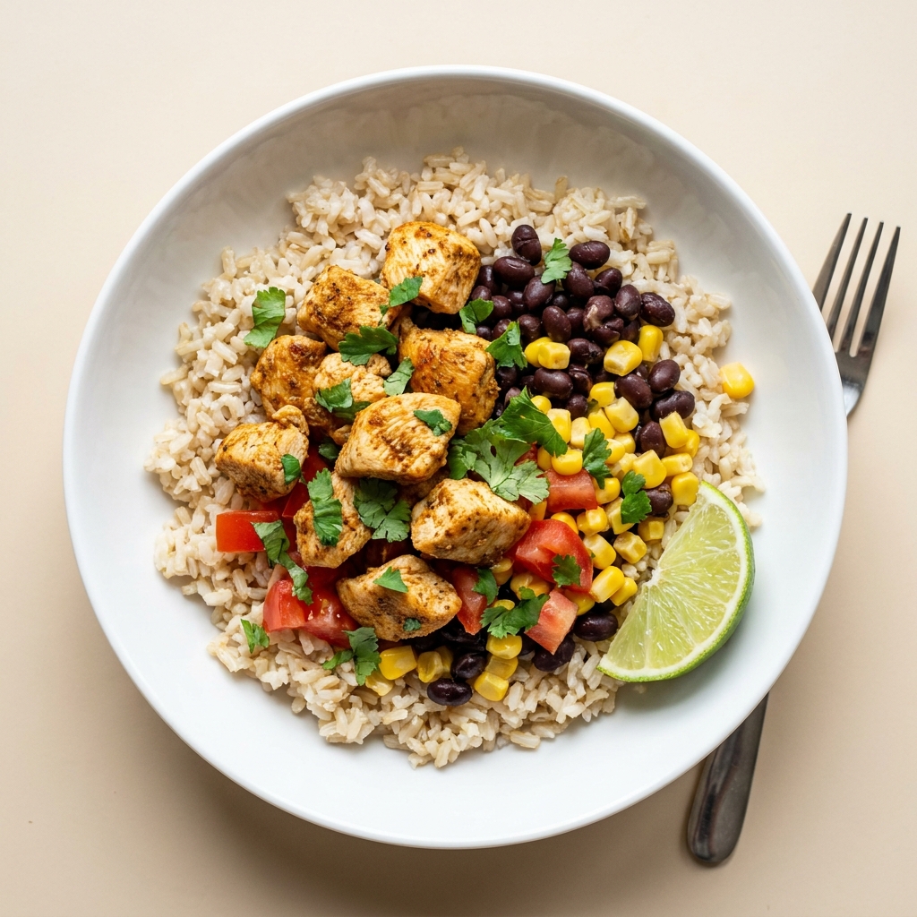 Quick Stovetop Chicken and Black Bean Burrito Bowl, prepared as a finished Lila recipe
