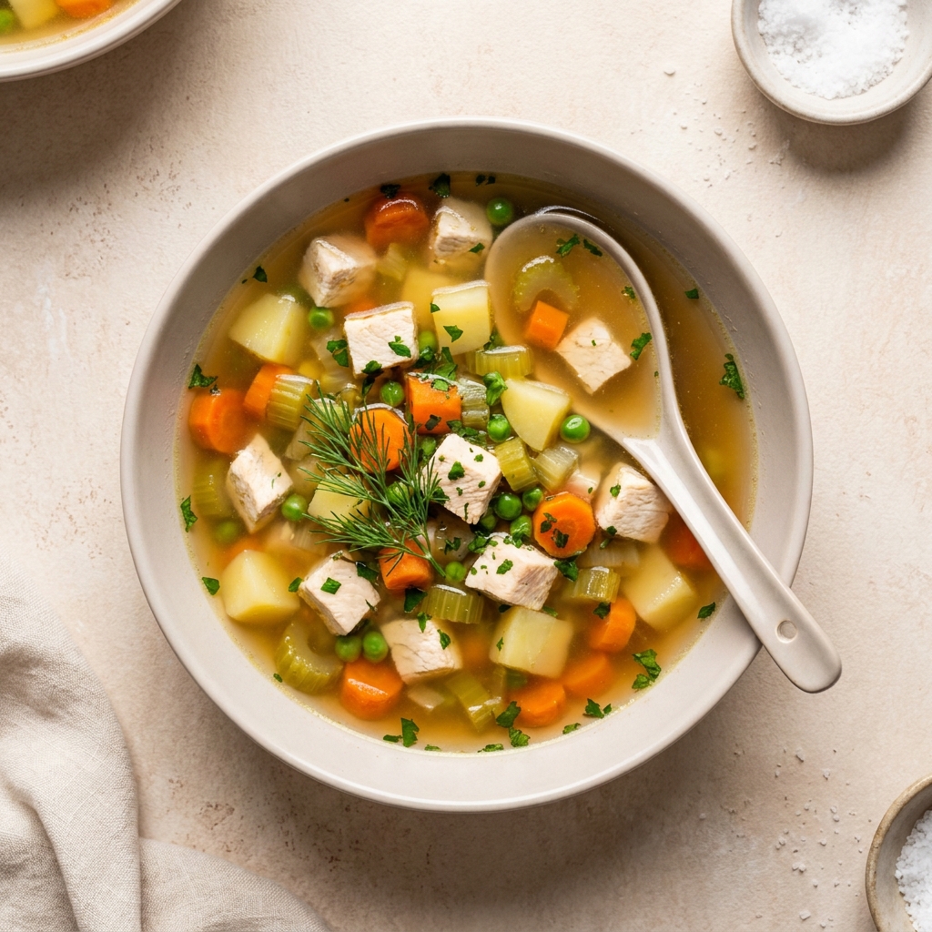 Quick Chicken and Vegetable Soup, prepared as a finished Lila recipe