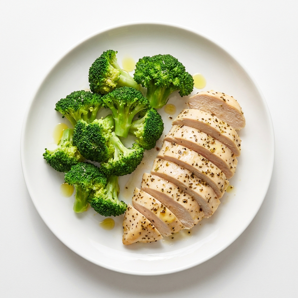 Lemon Herb Baked Chicken Breasts with Steamed Broccoli, prepared as a finished Lila recipe