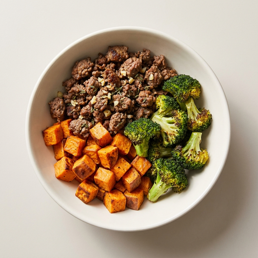 Garlic Herb Beef and Sweet Potato Meal Prep Bowl, prepared as a finished Lila recipe