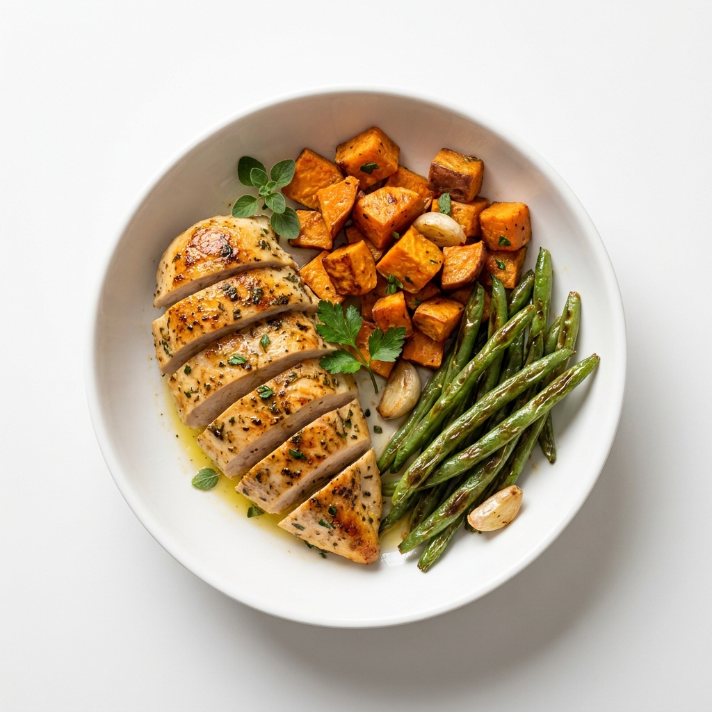 Pan-Seared Lemon Herb Chicken with Roasted Sweet Potatoes, prepared as a finished Lila recipe