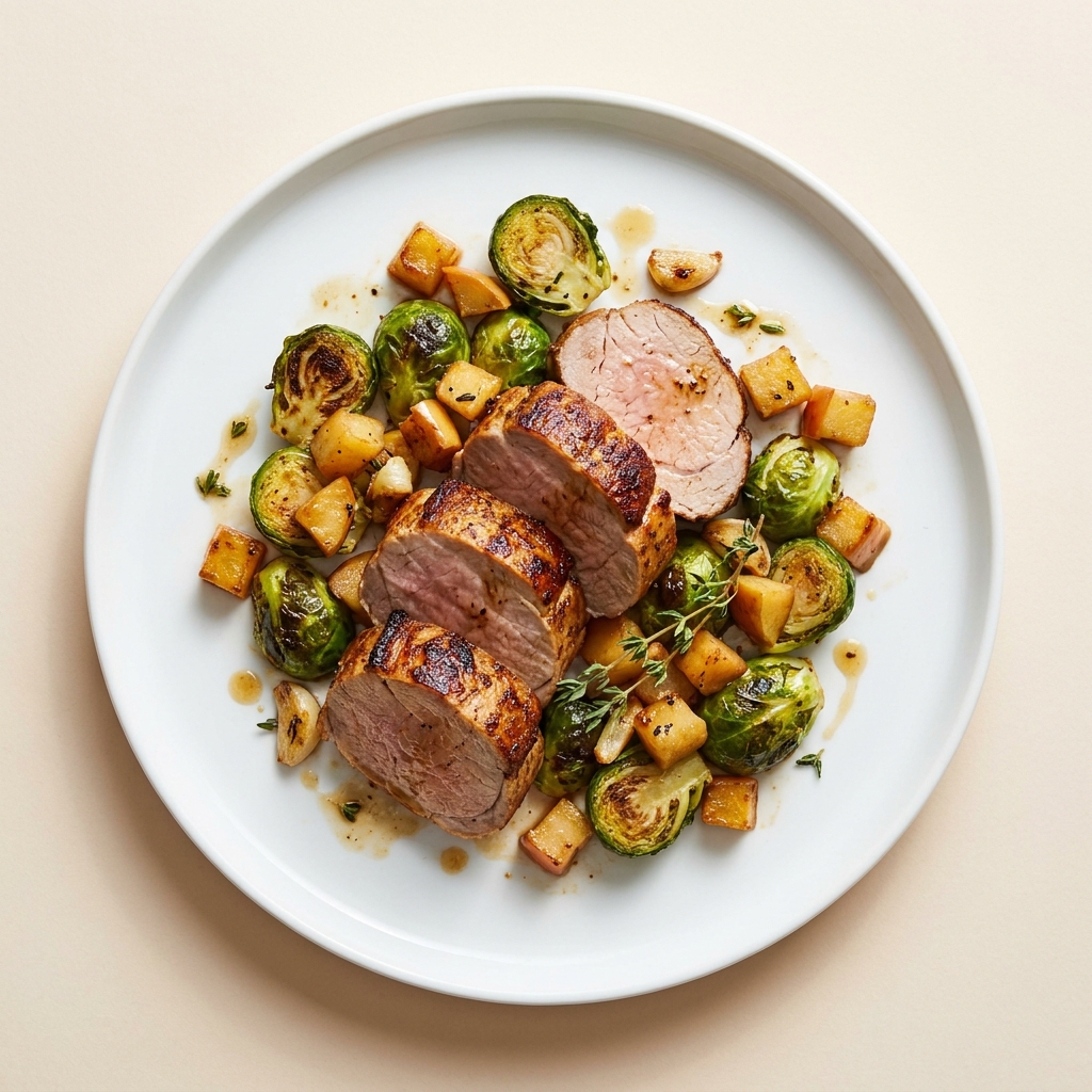 Pan-Roasted Pork Tenderloin with Garlic Brussels Sprouts, prepared as a finished Lila recipe