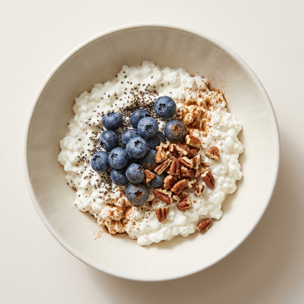 Berry Pecan Cottage Cheese Bowl, prepared as a finished Lila recipe