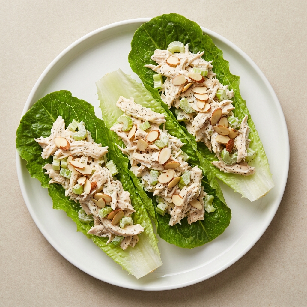 Quick Garlic Herb Chicken Salad Lettuce Wraps, prepared as a finished Lila recipe