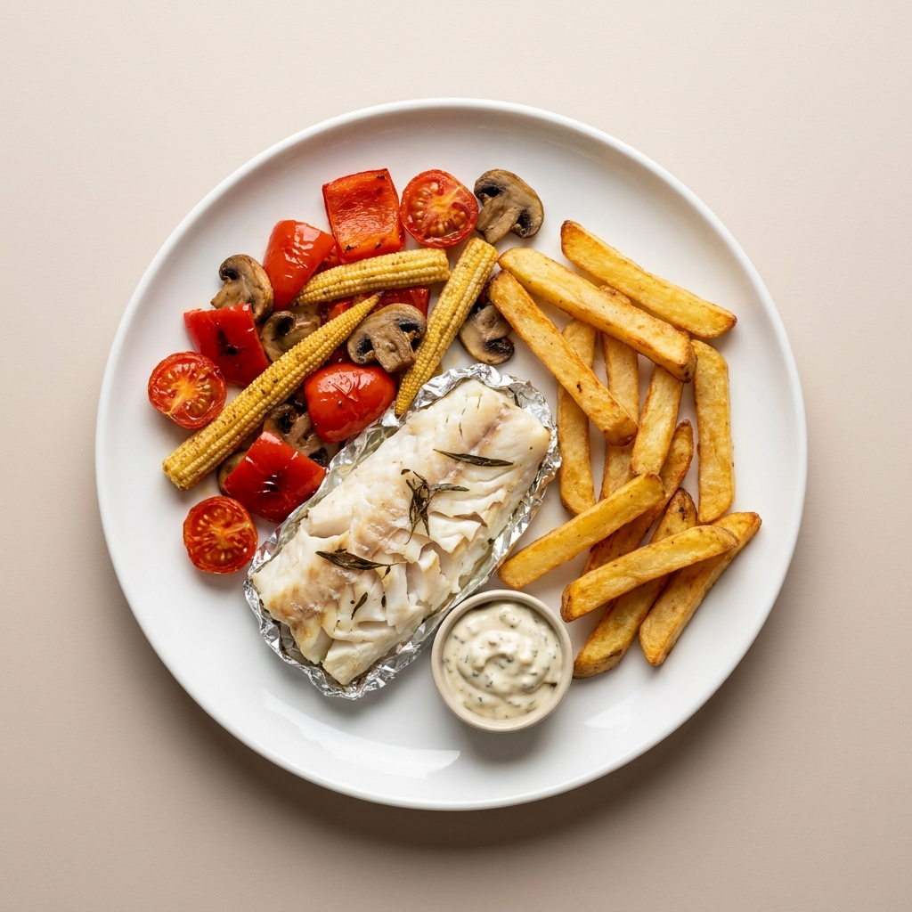 Crispy Air-Fried Cod with Roasted Veggies and Chips, prepared as a finished Lila recipe