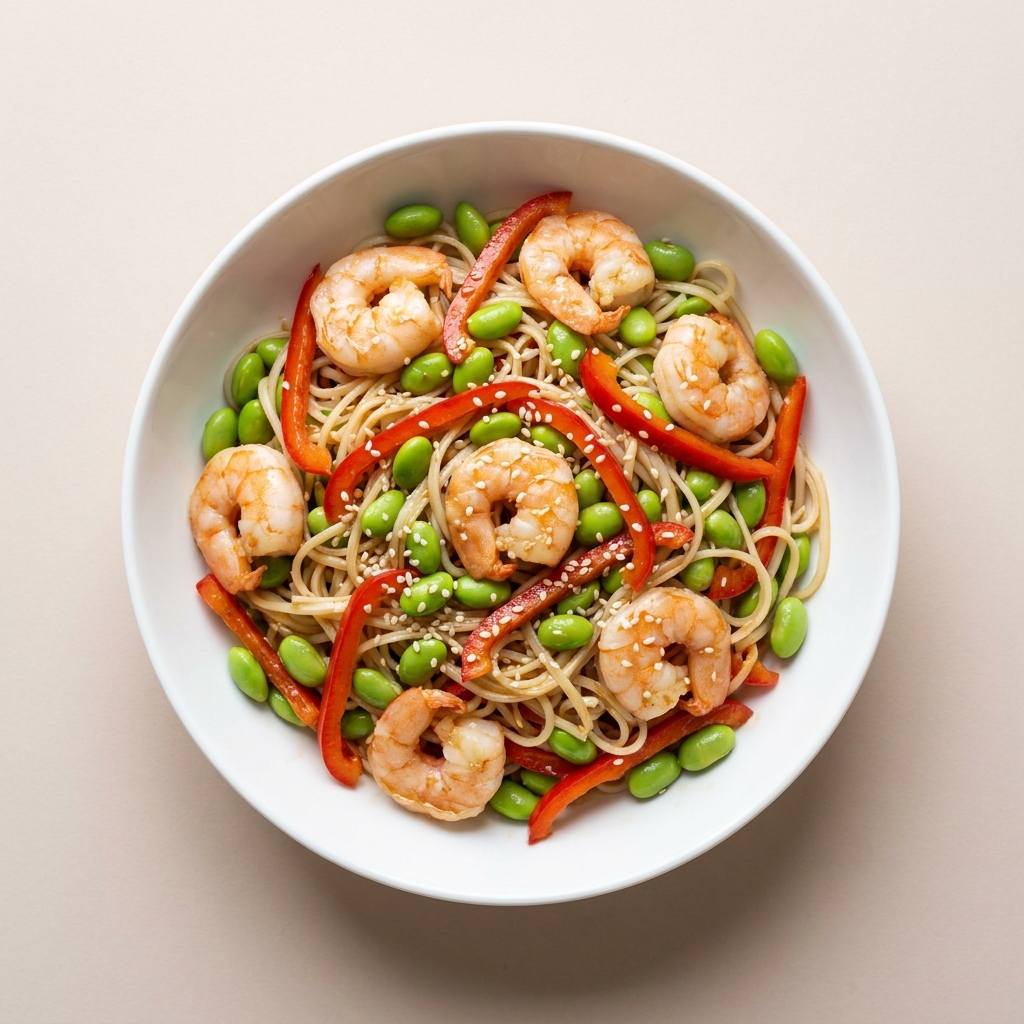 15-Minute Sesame Prawn and Edamame Noodle Bowl, prepared as a finished Lila recipe