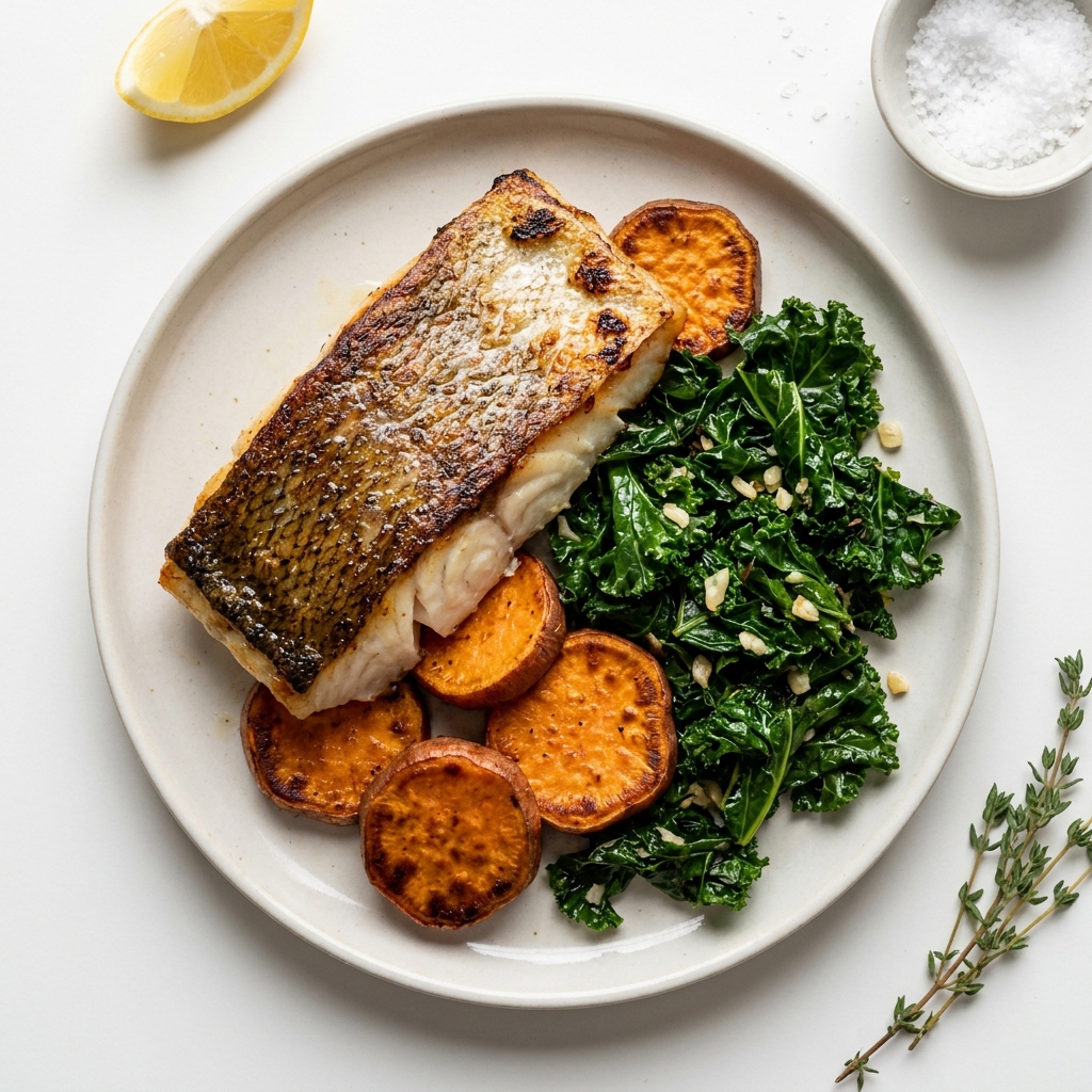 Pan-Seared Sablefish with Roasted Sweet Potato and Kale, prepared as a finished Lila recipe