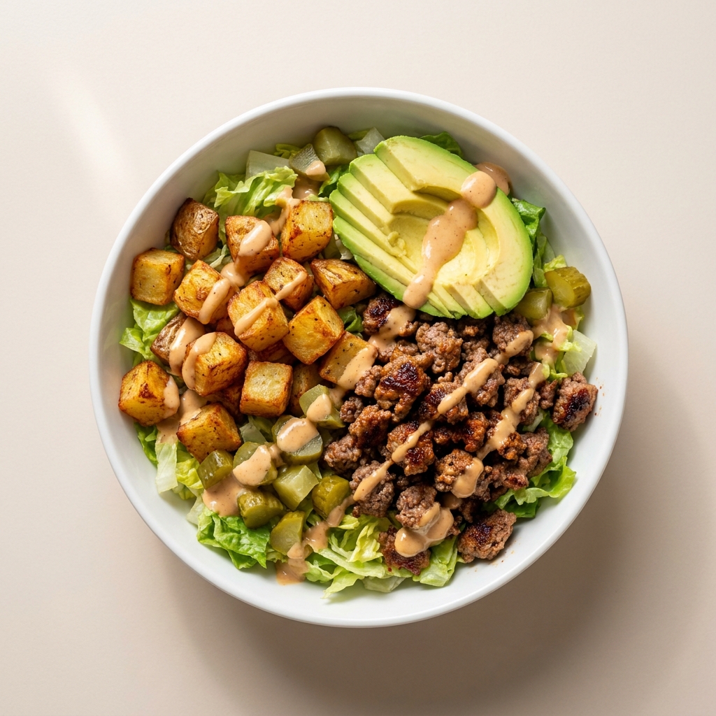 Loaded Ground Beef Burger Bowl with Roasted Potatoes, prepared as a finished Lila recipe
