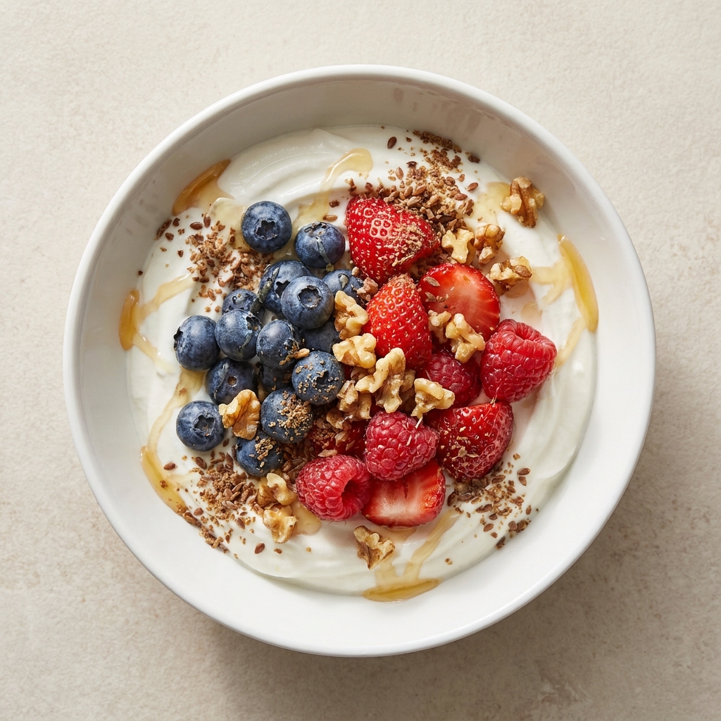 Chobani Yogurt with Berries, Flax Seeds, Walnuts, and Honey, prepared as a finished Lila recipe