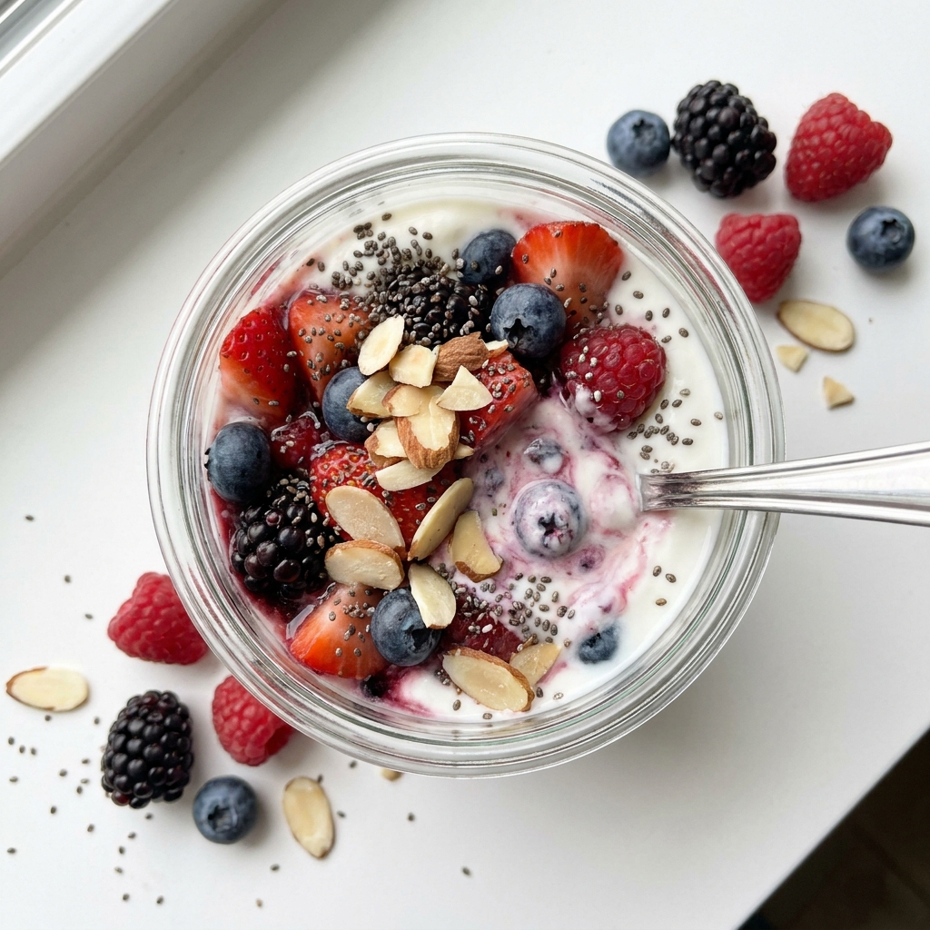 Greek Yogurt Berry Parfait with Almond Crunch, prepared as a finished Lila recipe