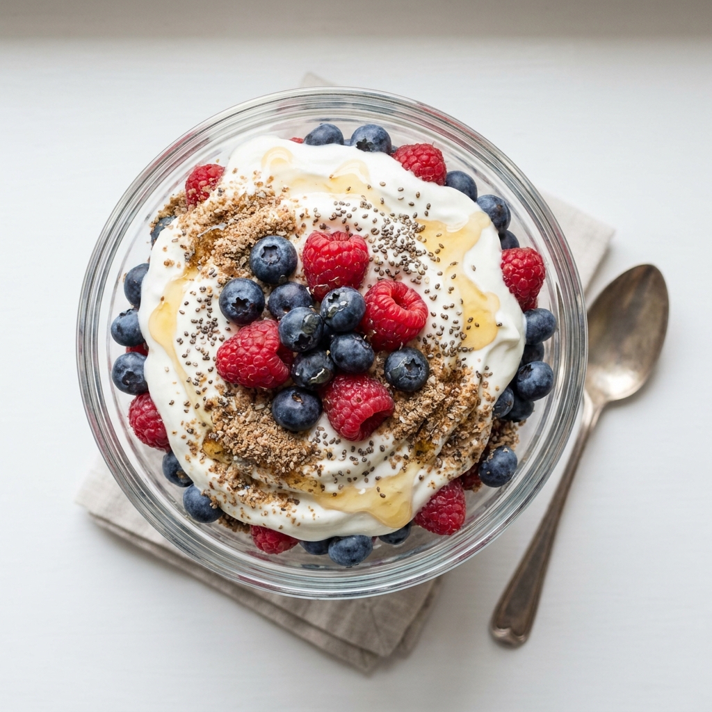 Greek Yogurt Berry Parfait with Flax and Chia, prepared as a finished Lila recipe