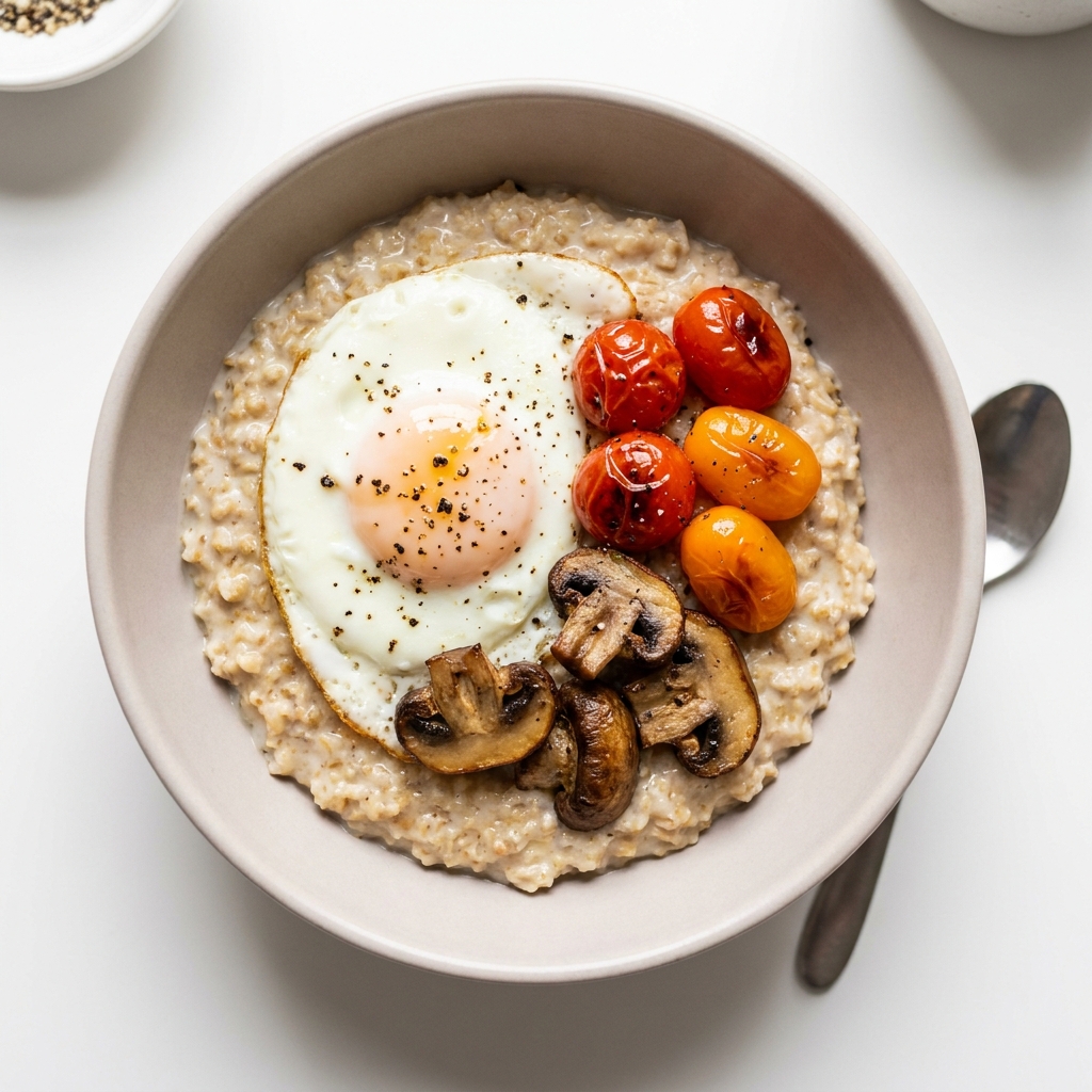 Savory Steel Cut Oatmeal with Whole Egg and Tomatoes, prepared as a finished Lila recipe