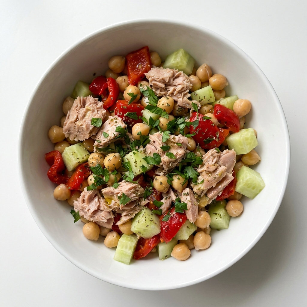 Mediterranean Tuna and Chickpea Gut-Friendly Lunch Bowl, prepared as a finished Lila recipe