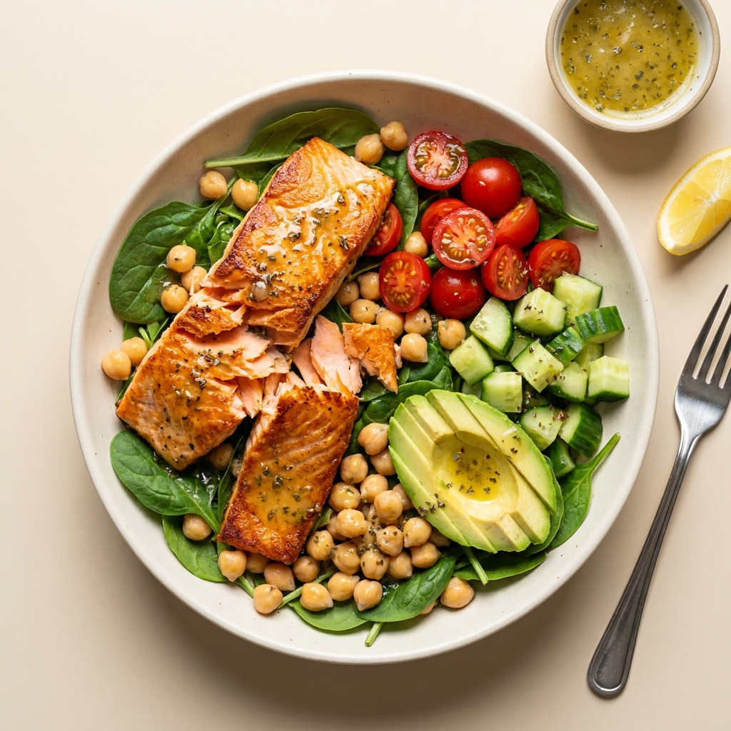 Mediterranean Salmon and Chickpea Power Bowl, prepared as a finished Lila recipe