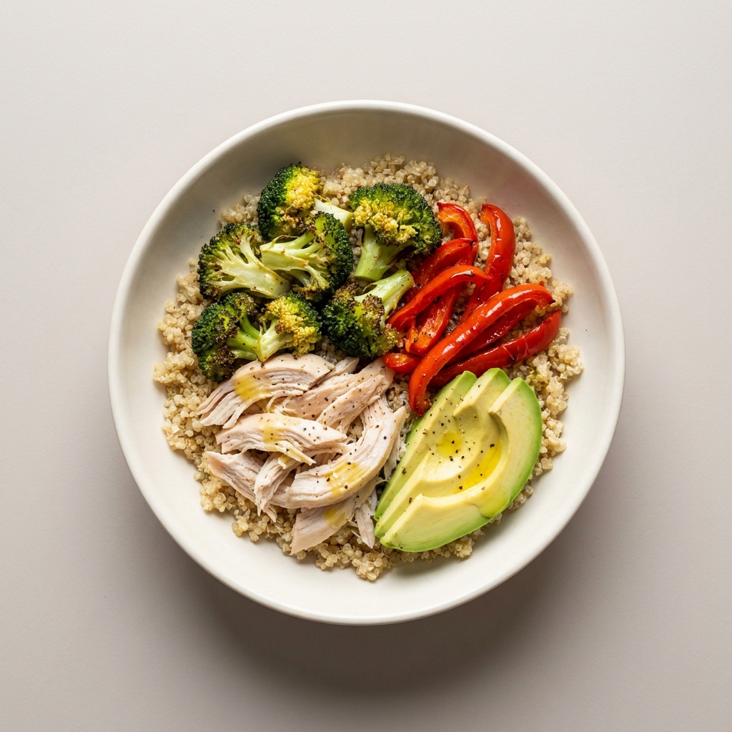 Warm Chicken and Quinoa Harvest Bowl, prepared as a finished Lila recipe