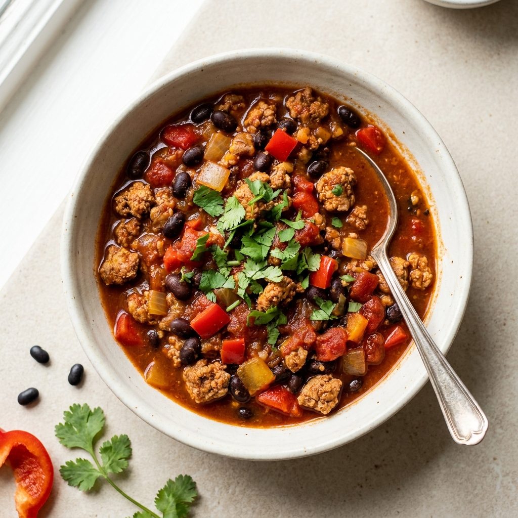 High-Protein Turkey and Black Bean Chili, prepared as a finished Lila recipe