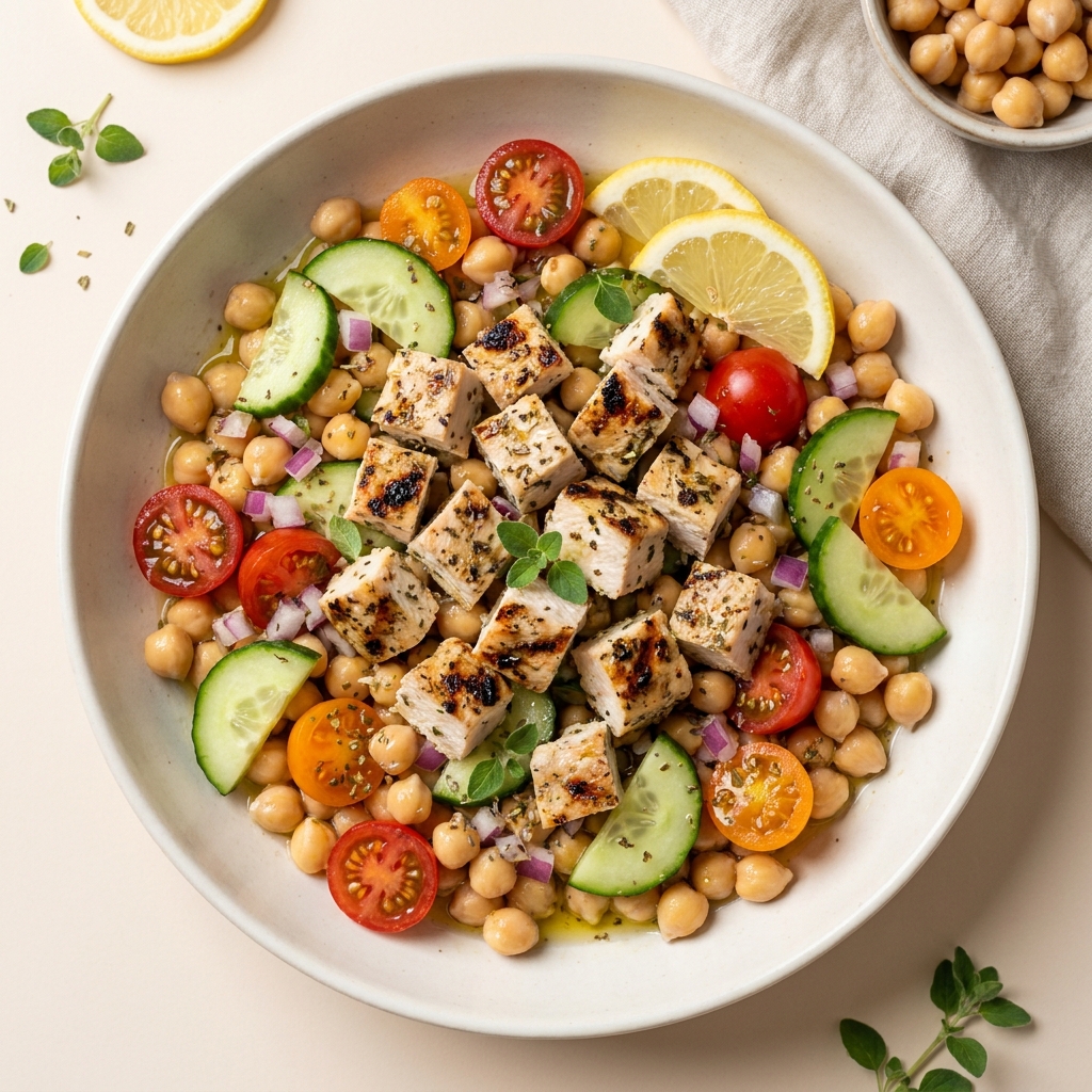 Mediterranean Lemon Herb Chicken and Chickpea Salad, prepared as a finished Lila recipe