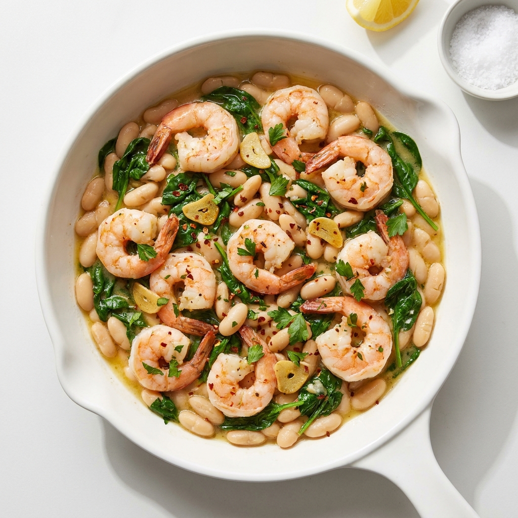 Quick Garlic Butter Shrimp and Cannellini White Bean Skillet, prepared as a finished Lila recipe