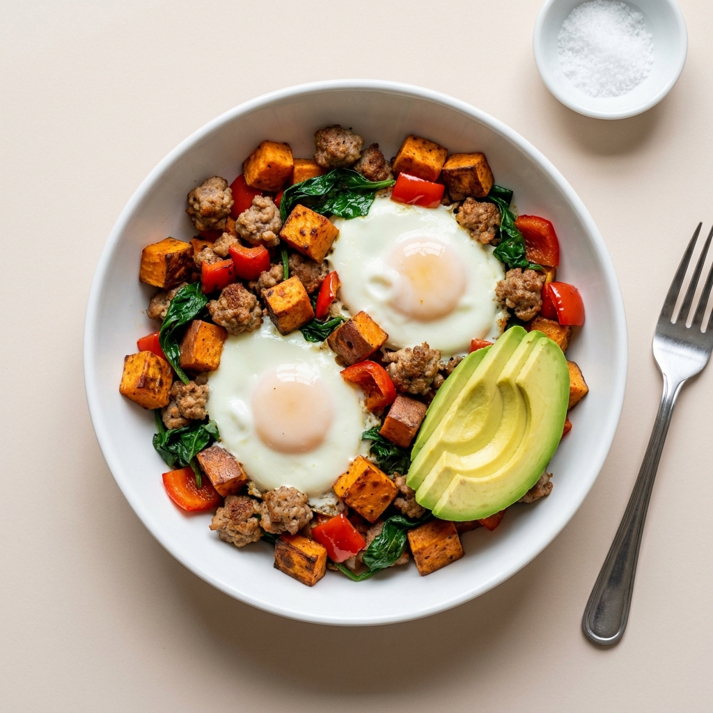 Savory Turkey Sausage, Egg, and Sweet Potato Bowl, prepared as a finished Lila recipe
