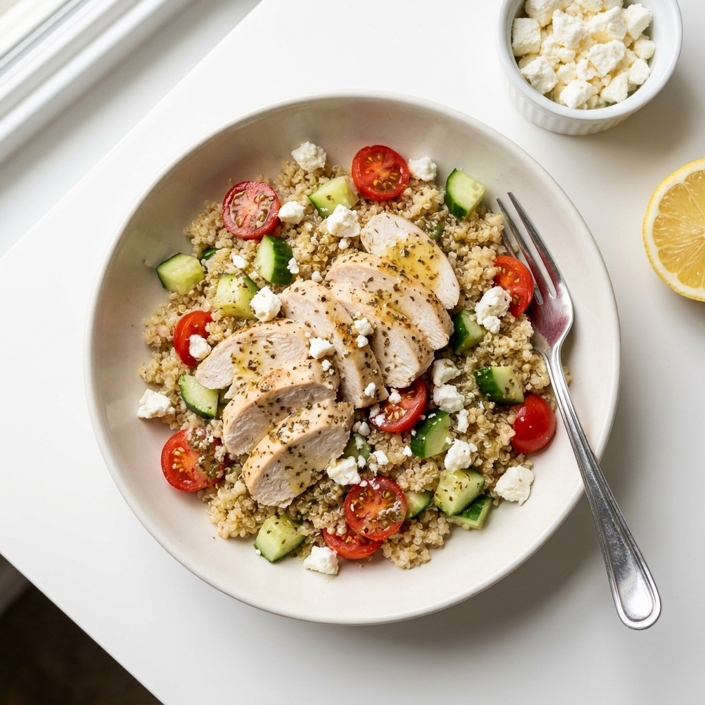 Quick Mediterranean Chicken and Quinoa Salad, prepared as a finished Lila recipe