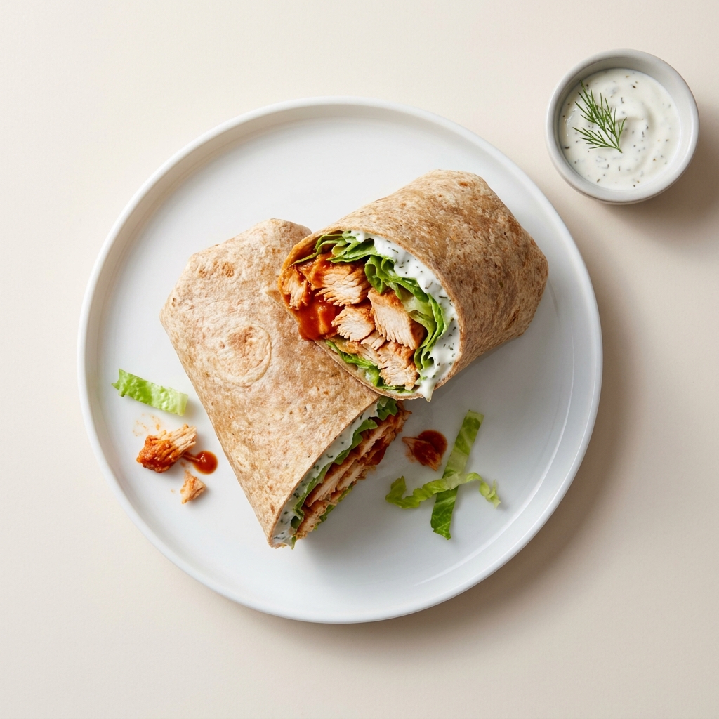 High Protein Buffalo Chicken Tortilla Wrap, prepared as a finished Lila recipe