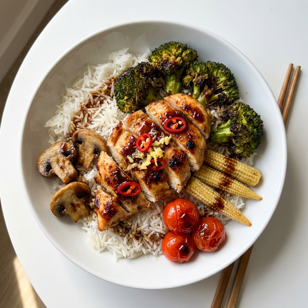 Ginger Chili Air-Fried Chicken and Crunchy Veggie Bowl, prepared as a finished Lila recipe