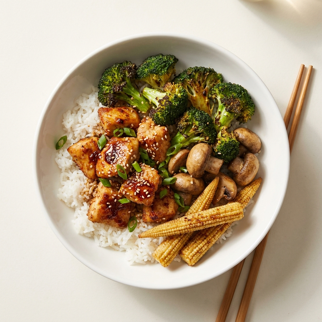 Air-Fried Tamari Sesame Chicken and Veggie Bowl, prepared as a finished Lila recipe