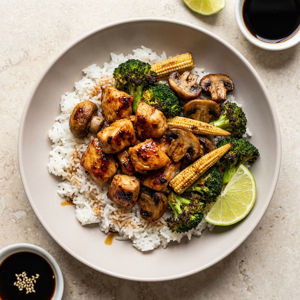 Air-Fried Lime Tamari Chicken and Veggie Bowl, prepared as a finished Lila recipe