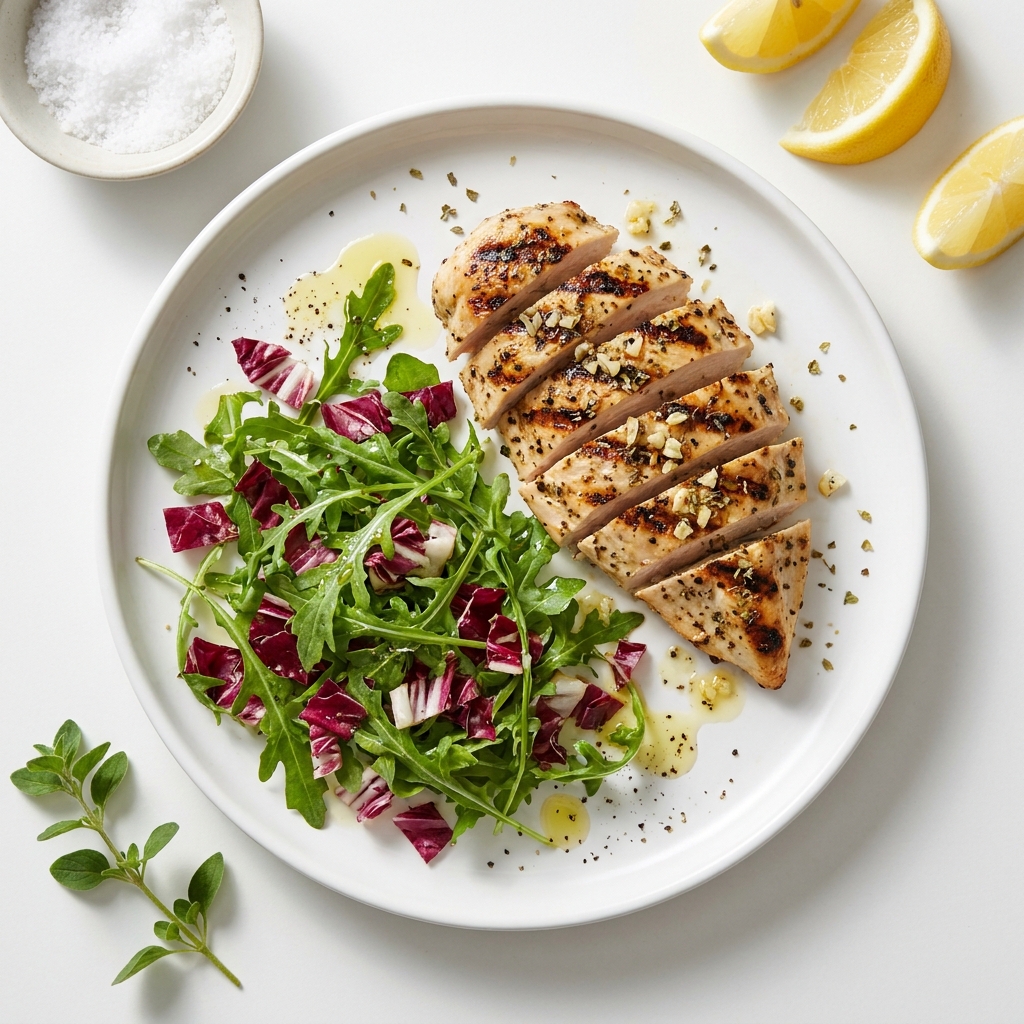 Lemon Herb Grilled Chicken with Bitter Greens Salad, prepared as a finished Lila recipe