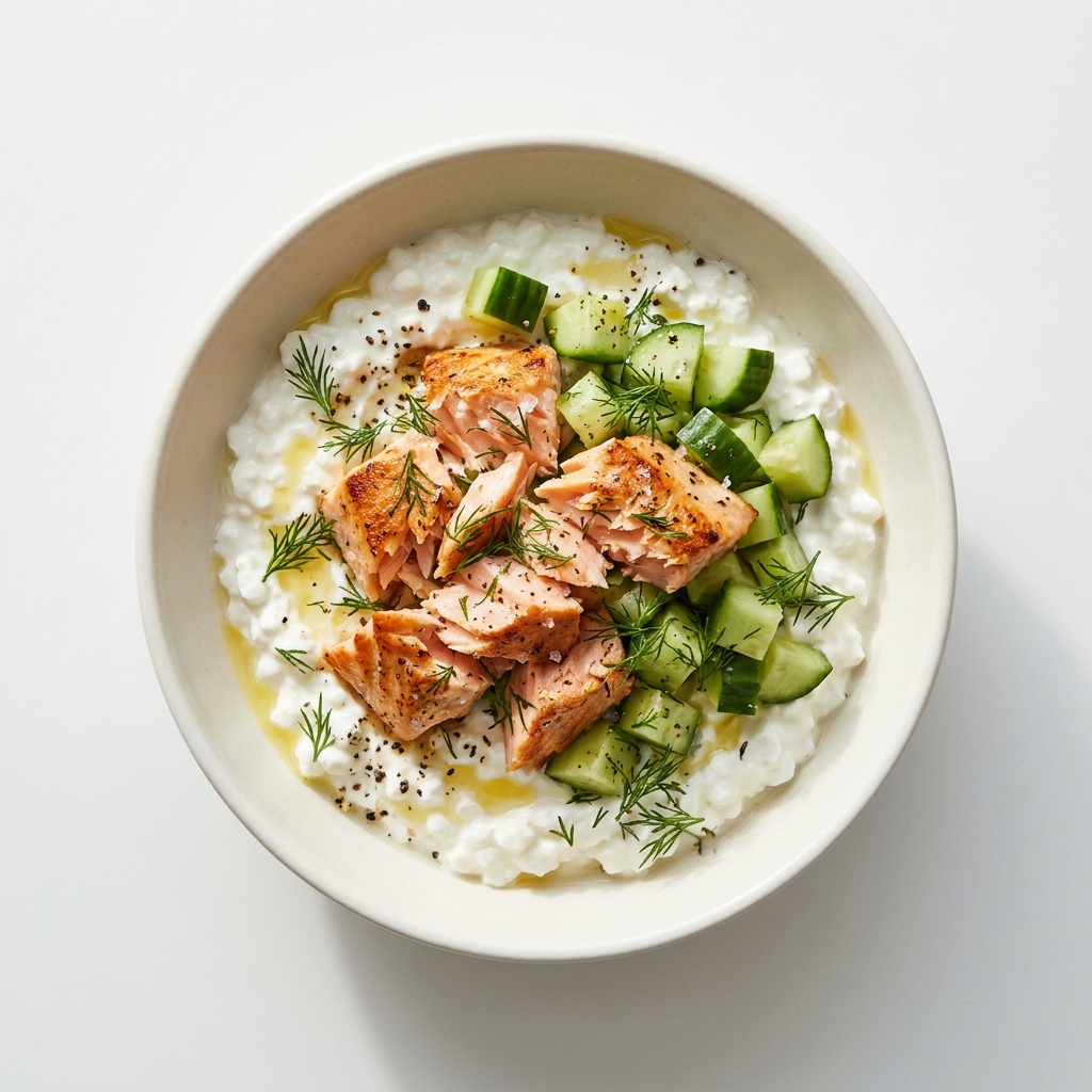Herbed Dill Cottage Cheese Bowl With Flaked Salmon, prepared as a finished Lila recipe