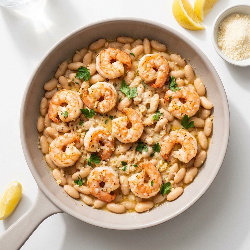 Garlic Butter Shrimp and White Bean Skillet, prepared as a finished Lila recipe