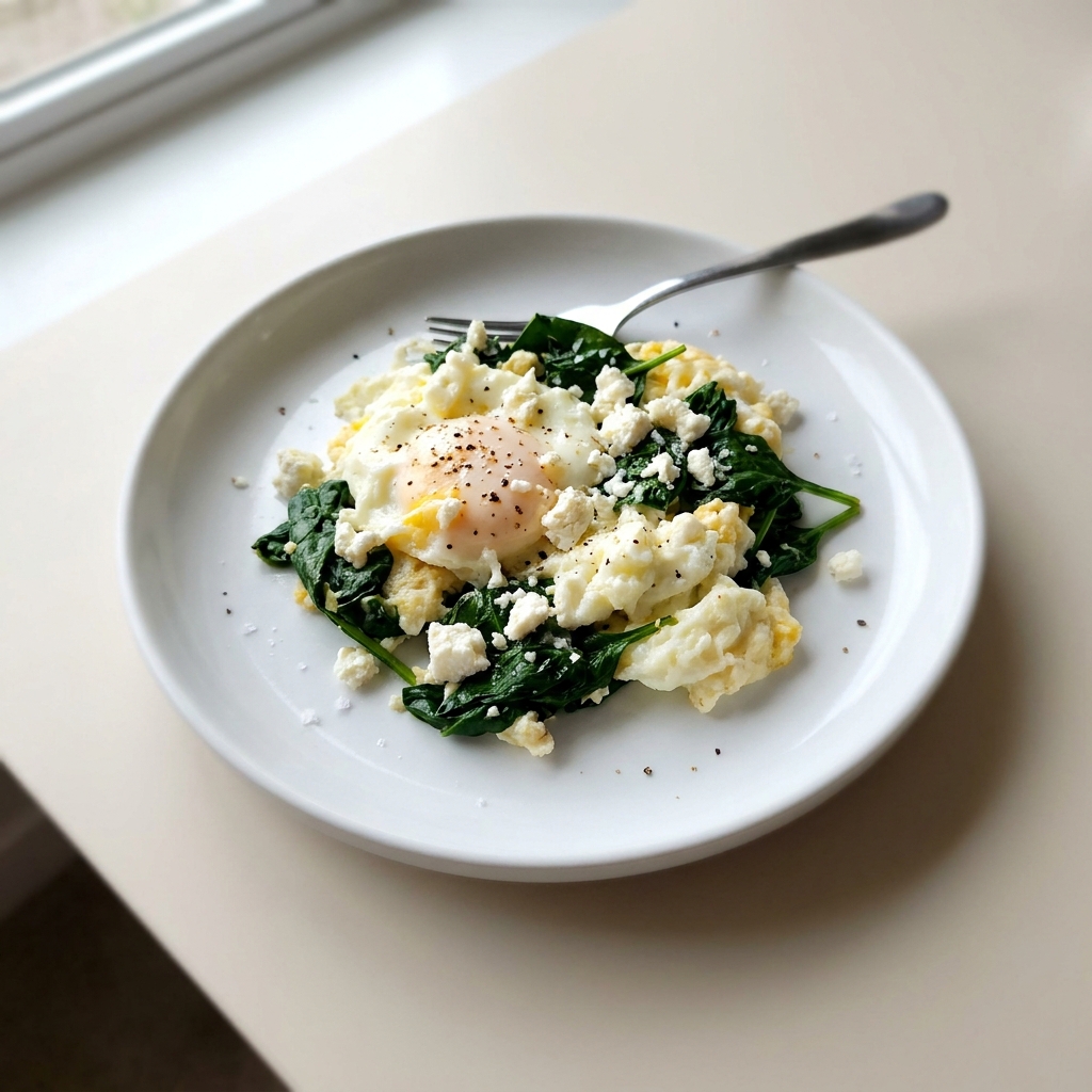 Quick Protein Egg and Spinach Scramble, prepared as a finished Lila recipe