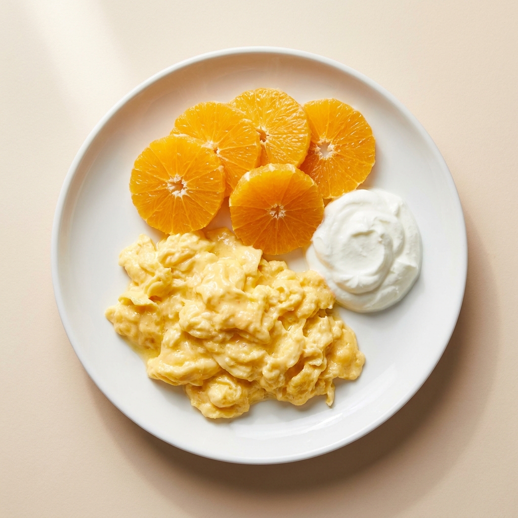 Warm Buttered Eggs with Fresh Orange and Greek Yogurt, prepared as a finished Lila recipe