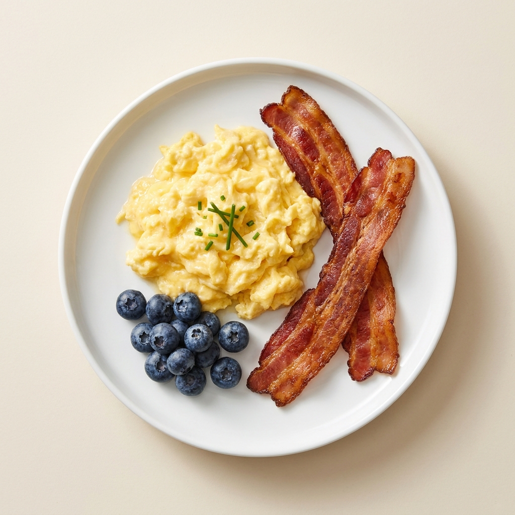 Savory Eggs with Crispy Bacon and Fresh Berries, prepared as a finished Lila recipe