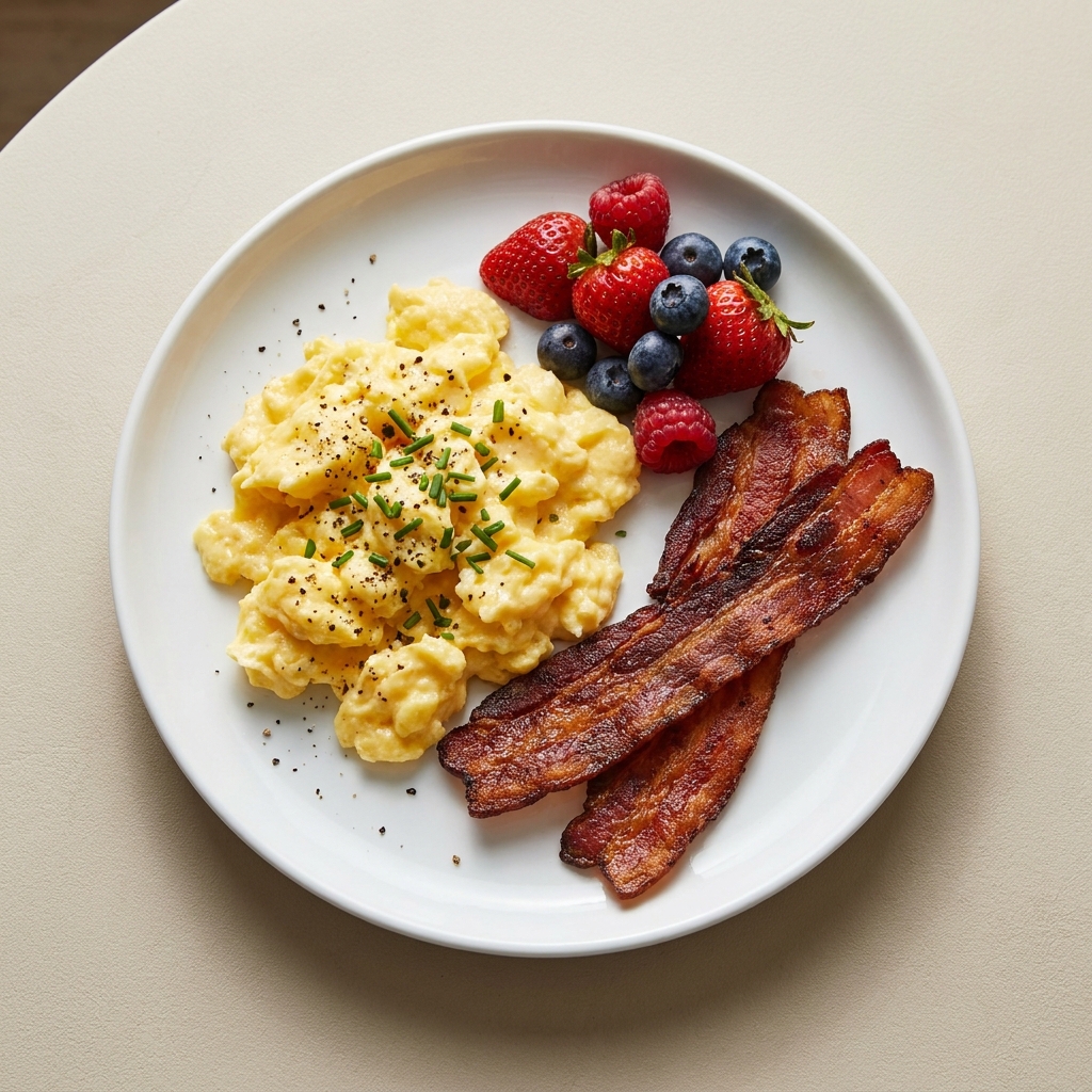 Savory Eggs with Crispy Bacon and Fresh Berries, prepared as a finished Lila recipe
