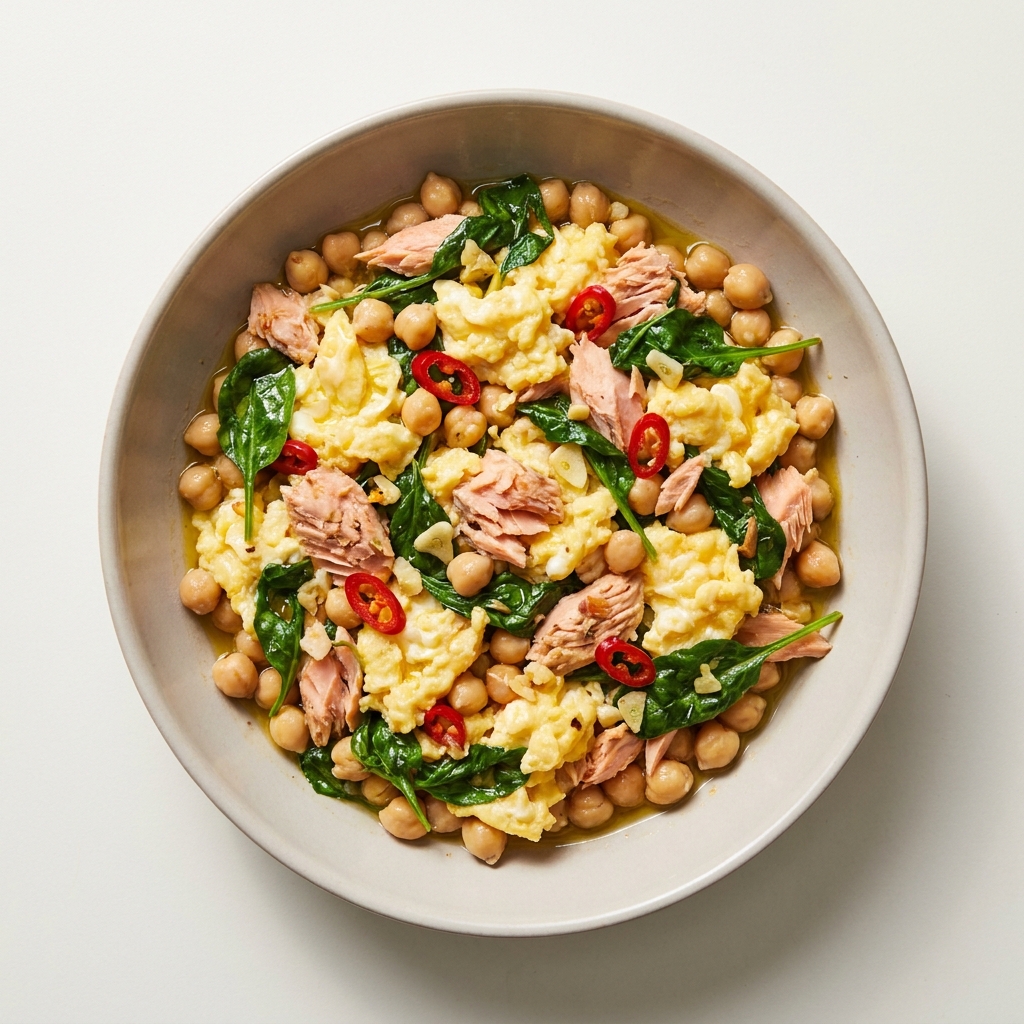 12-Minute Spicy Salmon and Chickpea Egg Skillet, prepared as a finished Lila recipe