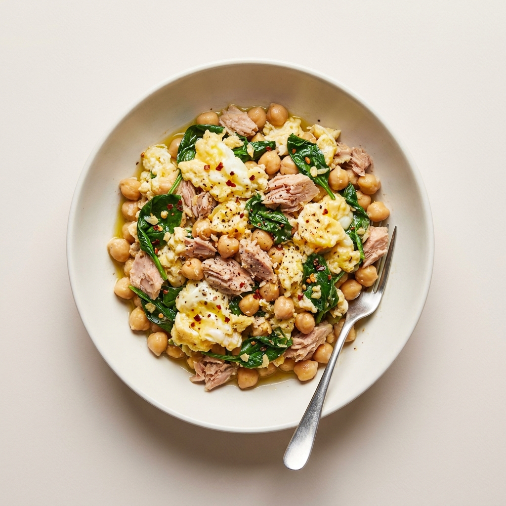 12-Minute Spicy Tuna and Chickpea Scramble, prepared as a finished Lila recipe