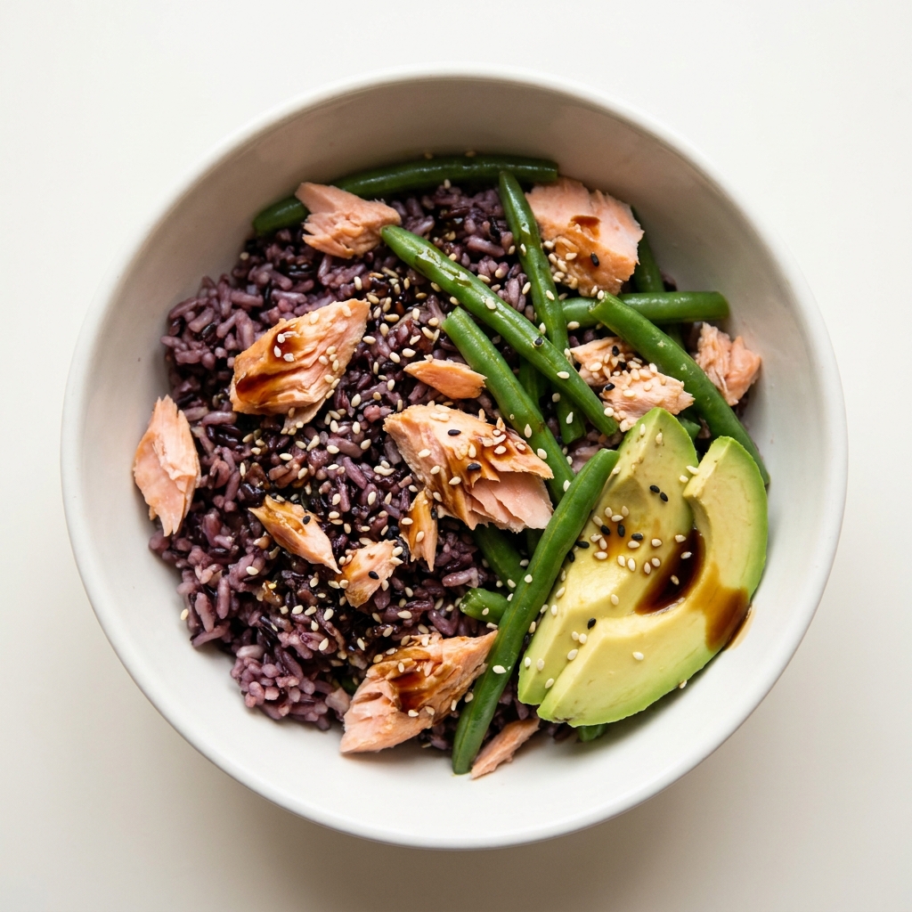 Purple Rice Salmon Bowl with Green Beans, prepared as a finished Lila recipe